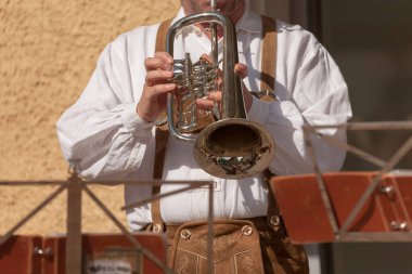 Val Isarco 'daki yerel bir sonbahar kutlamasında tipik kostümlü müzisyen. )