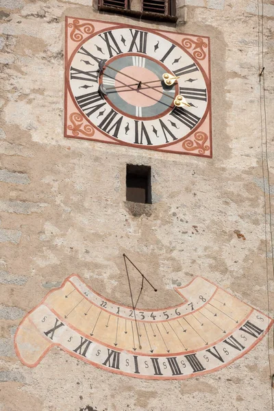 Chiusa Italy September 2017 Clock Painted Recently Restored Bell Tower — Stock Photo, Image