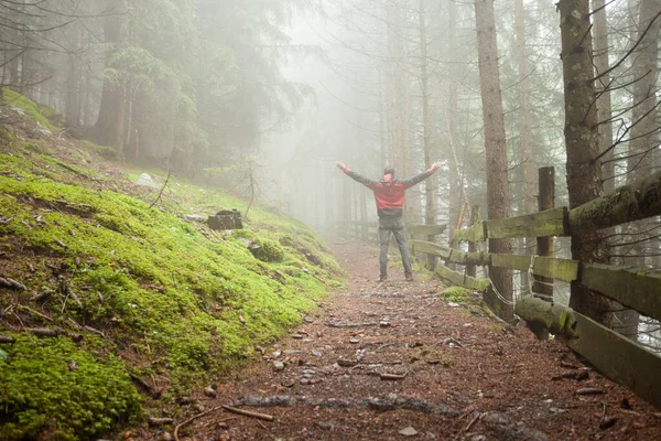 Man Som Går Ensam Skog Dimmig Dag — Stockfoto