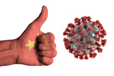 Çin bayrağı insan erkek başparmağının üzerinde.