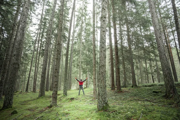 Egy Férfi Egyedül Sétál Erdőben Egy Felhős Napon — Stock Fotó