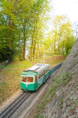 Almanya, Koenigswinter Nisan 2018: Ejder kaya dağ kadar insanların Drachenfels demiryolu ulaşım