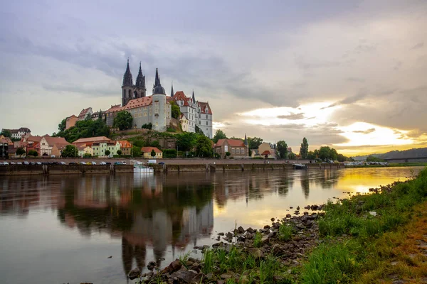 Albrechtsburg Meissen Şehir Manzarası Günbatımı Saksonya Almanya Nehir Elbe Üzerinde — Stok fotoğraf