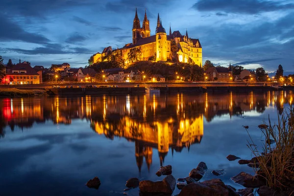 Albrechtsburg Och Meissen Stadssilhuetten Floden Elbe Vid Natt Sachsen Tyskland — Stockfoto