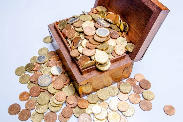 many euro coins in wooden box on white change the collect coins