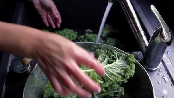 Mulher Está Lavando Folhas Couve Com Água Cozinha Vista Superior — Vídeo de Stock