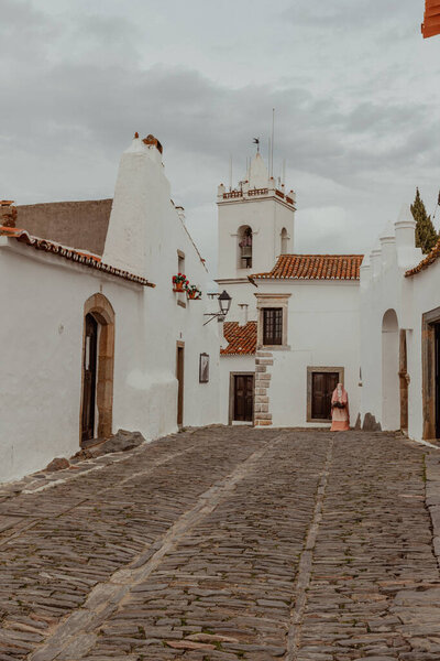 View of the white village Monsaraz in Portugal, culture travel Portugal historic small towns in the Alentejo