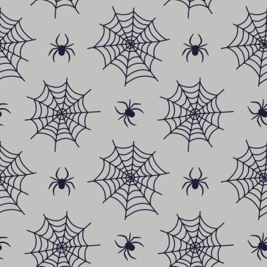 Örümcekler ve örümcek ağlarıyla kusursuz desen. Açık gri arka planda örümcek ağları ve örümcekleri olan bir cadılar bayramı duvar kâğıdı. Cadılar Bayramı, tekstil ve tatil dekorları için klasik, ürkütücü bir tasarım..