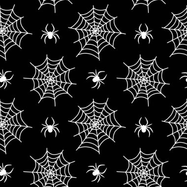 Beyaz örümcek ağları ve siyah arkaplandaki örümceklerle kusursuz desen. Cadılar Bayramı, tekstil ve tatil dekorları için klasik, ürkütücü bir tasarım. Örümcekler ve örümcek ağlarıyla vektör arkaplanı.