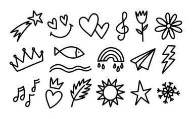 Set of hand drawn cute doodles for kids. Decorative elements - flowers, stars and hearts. Collection of baby doodle illustrations isolated on white background - crowns, musical and weather elements.