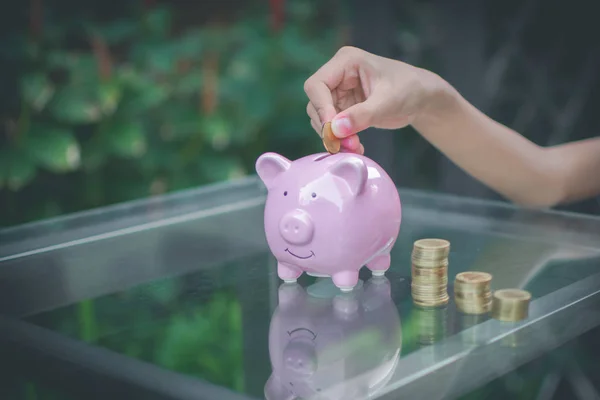 Mano dei bambini ha messo soldi moneta sul salvadanaio rosa maiale e la natura — Foto Stock