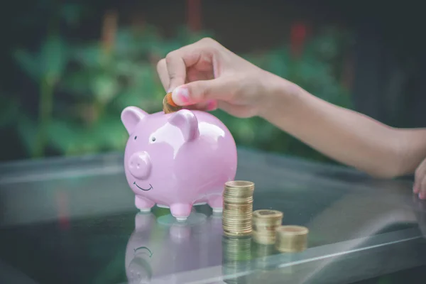 Детская рука положить деньги монеты на розовую свинью копилку и природу — стоковое фото