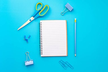 Not defteri ve ekipmanlar renk arkaplanı üzerine okula geri döndüler.