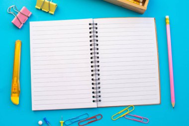 Not defteri ve ekipmanlar renk arkaplanı üzerine okula geri döndüler.