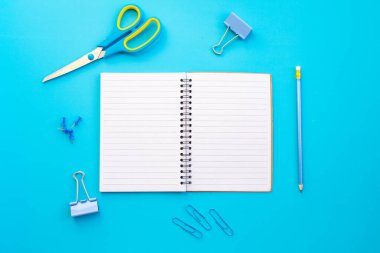 Not defteri ve ekipmanlar renk arkaplanı üzerine okula geri döndüler.