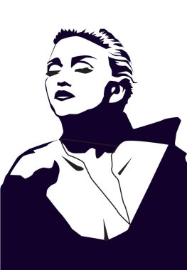 Ağustos, 2018: Ünlü şarkıcı Madonna vektör anahat portre siyah beyaz arka plan üzerinde
