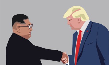 Sept, 2018: ABD Başkanı Donald Trump ve Kuzey Kore lideri Kim Jong-un, portre çizim vektör çizim portre