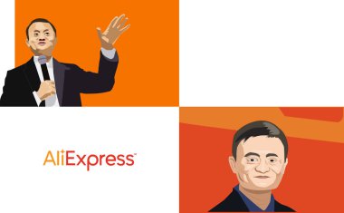 Eylül, 2018: CEO'su Alibaba Jack Ma vektör çizim portreler Aliexpress logolu ayarla.