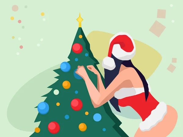 Sexy beautiful santa girl, decorating Christmas tree. Vector illustration — Stock Vector