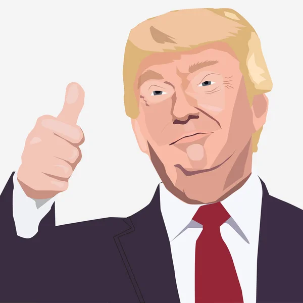 Február, 2018: Elnöke Donald Trump vektor portré a hüvelykujjával felfelé. — Stock Vector