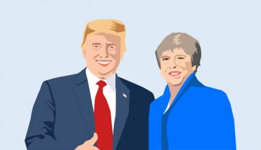 Haziran 2019: ABD Başkanı Donald Trump ve Uk Başbakanı Theresa May. Vektör illüstrasyonu