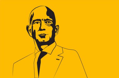 Jul, 2019: Ünlü girişimci, kurucusu ve en zengin adam Jeff Bezos vektör portre mavi bir arka plan üzerinde. - Vektör çizimi