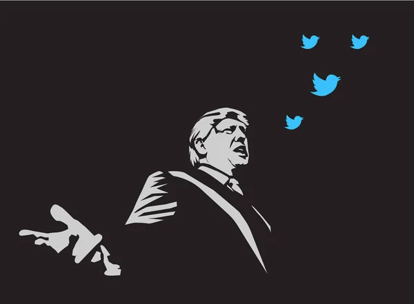 Washington, DC, USA-július, 2019: Vector illusztráció az amerikai elnök, Donald Trump a fekete háttér Twitter madár tweeting körül a függő szociális média. — Stock Vector