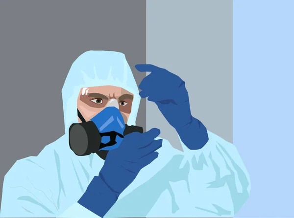 Dokter in beschermend pak met bloedonderzoek in een ziekenhuis. Illustratie — Stockvector