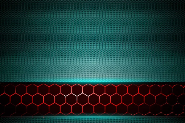 blue or green chrome carbon fiber and red hexagon. metal background and texture. 3d illustration.