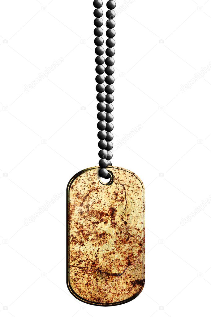 rusty metal tag and necklace. isolated with clipping path. 3d illustration.