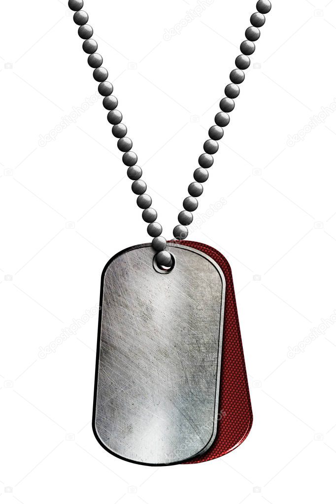 red and chrome metal tag and necklace. isolated with clipping path. 3d illustration.