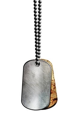 paslı metal etiket ve kolye. kırpma yolu ile izole. 3D çizim.