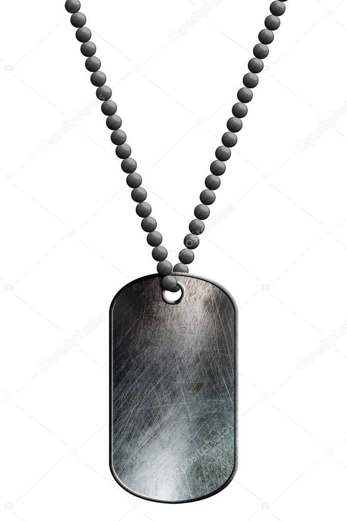 chrome metal tag and necklace. isolated with clipping path. 3d illustration.