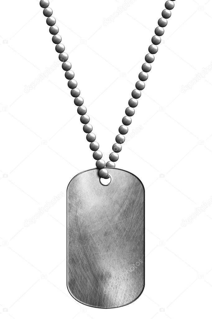 chrome metal tag and necklace. isolated with clipping path. 3d illustration.