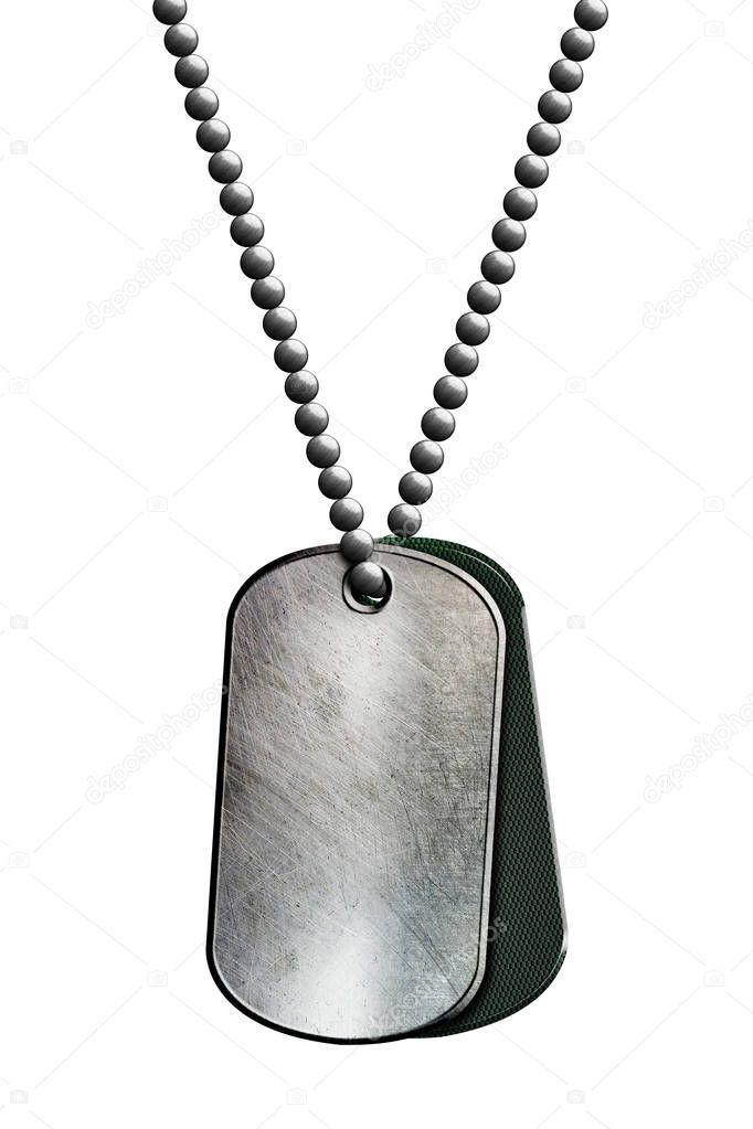 green and chrome metal tag and necklace. isolated with clipping path. 3d illustration.