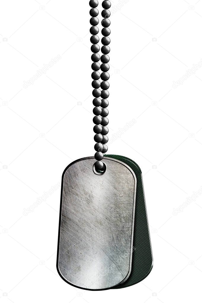 chrome and black metal tag and necklace. isolated with clipping path. 3d illustration.
