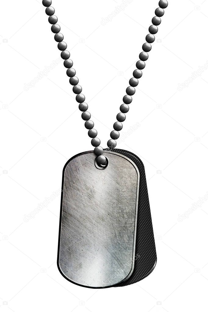 black and chrome metal tag and necklace. isolated with clipping path. 3d illustration.
