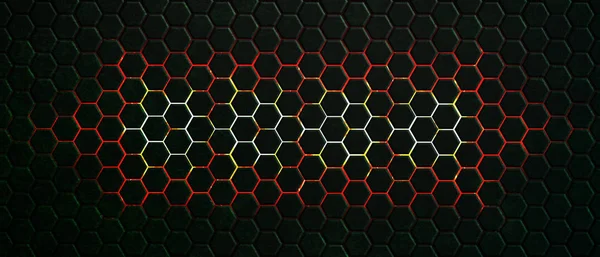 濃い緑色の六角形の背景と赤い光 — ストック写真