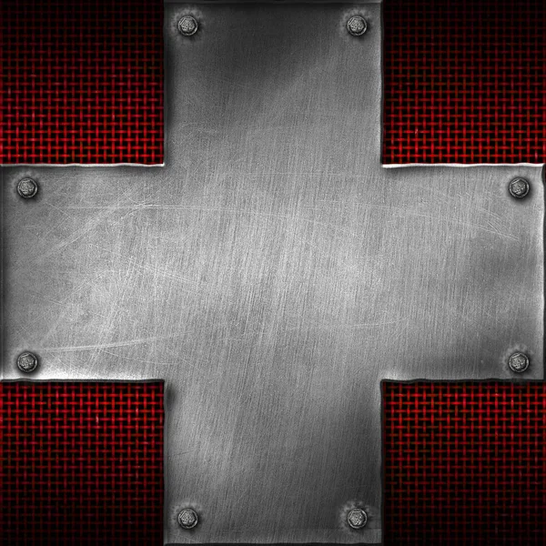 Grunge cross metal on red mesh metal. — Stock Photo, Image