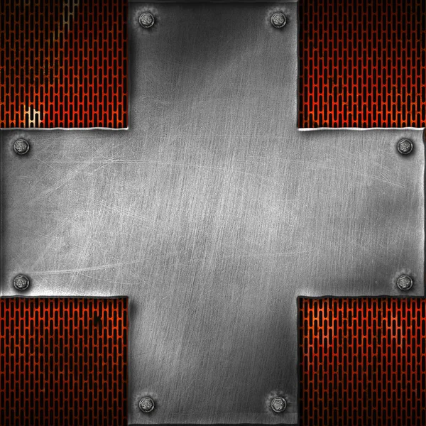 Grunge cross metal on red mesh metal. — Stock Photo, Image
