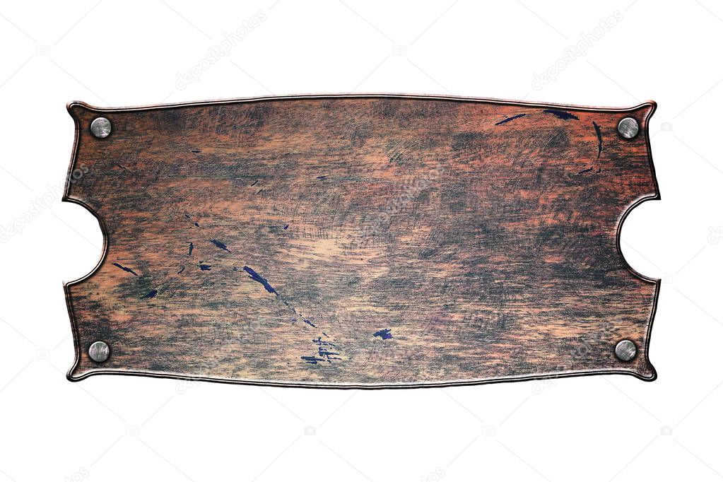 old wooden sign board on isolated white background. 