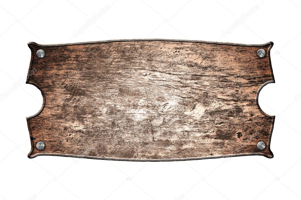 old wooden sign board on isolated white background. 