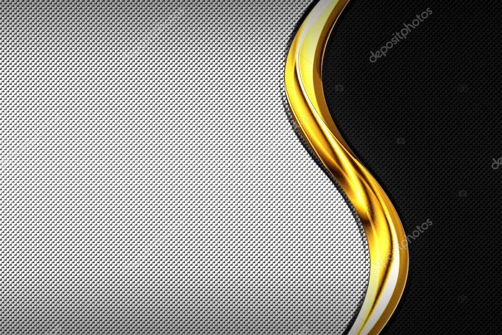 carbon fiber and gold curve chromium frame. metal background. 