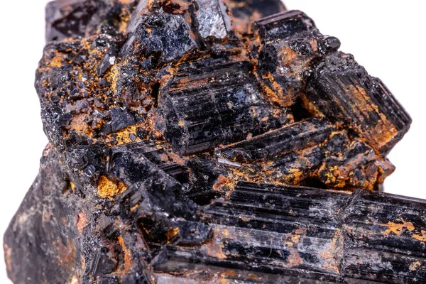 Makro Mineral Kamień Sherle Schorl Turmalin Czarny Białym Tle Zbliżenie — Zdjęcie stockowe