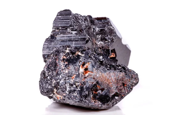 Macro Minerale Stenen Sherle Schorl Zwarte Toermalijn Witte Achtergrond Close — Stockfoto
