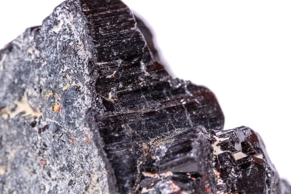 Makro Mineral Sten Sherle Schorl Svart Turmalin Vit Bakgrund Närbild — Stockfoto