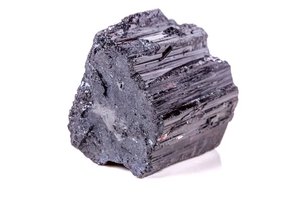 Makro Minerální Kamenné Sherle Schorl Černý Turmalín Bílém Pozadí Detail — Stock fotografie