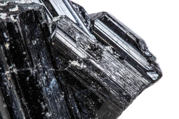 Makro Mineralstein Sherle Schorl Schwarzer Turmalin Auf Weißem Hintergrund Nahaufnahme — Stockfoto