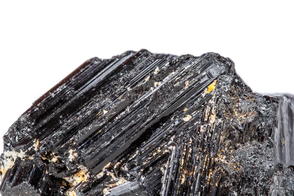 Makro Mineral Sten Sherle Schorl Svart Turmalin Vit Bakgrund Närbild — Stockfoto