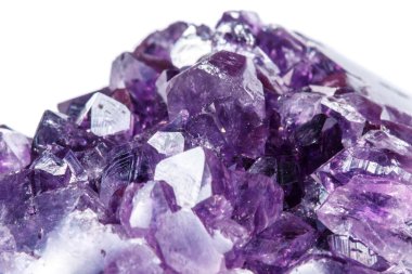 Ametist Crystal Druse makro mineral beyaz arka plan üzerinde Kapat
